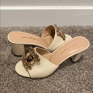 Salvatore Ferragamo Cream Mules with Gold Buckle
